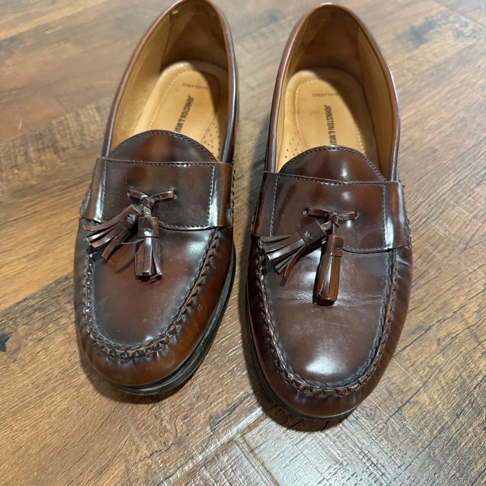 Johnston and Murphy Mens Tassel Loafers Brown Leather Sheepskin Dress Shoes 11